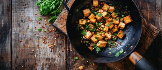 A pan filled with diced fried tofu sits on top of a wooden table, showcasing the delicious vegan dish.