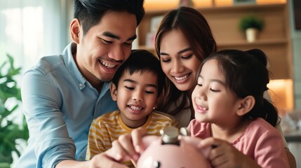 smiling young family deposits money in a pink picky bank, planning for their future together