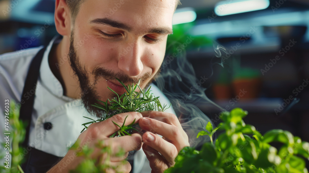 Wall mural Professional cook chef smelling the freshly cut aromatic herbs to prepare flavored dish