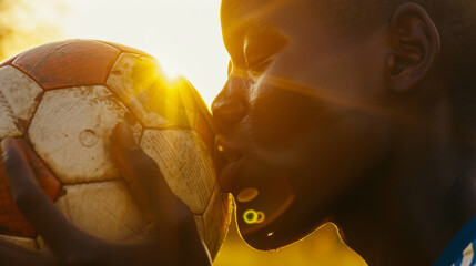 Black African young man in love with football sport kissing a soccer ball