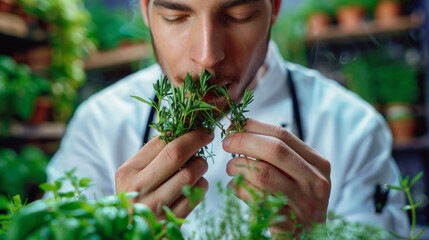 Professional cook chef smelling the freshly cut aromatic herbs to prepare flavored dish - Powered by Adobe
