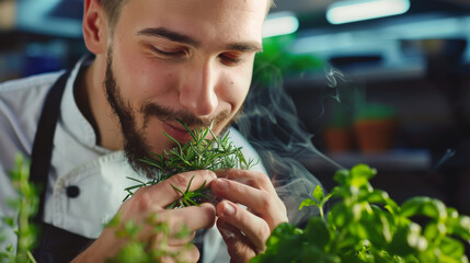 Professional cook chef smelling the freshly cut aromatic herbs to prepare flavored dish