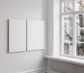Close-up of Canvas Mockup on a white wall in a white room interior. Presented in 3D Render. Made with Generative AI Technology