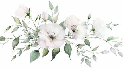 Watercolor floral arrangement with white anemone flowers and green leaves. Elegant botanical artwork for wedding invitations and spring-themed design.