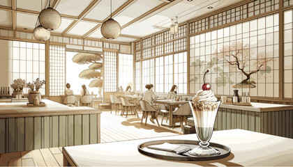 The concept of the image of a fashionable Japanese café. Vector illustration.
