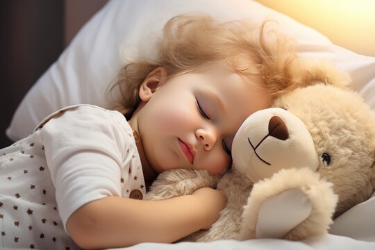 Cute little baby sleeping with teddy bear on bed at home , Cute little girl sleeping with teddy bear on bed, Ai generated