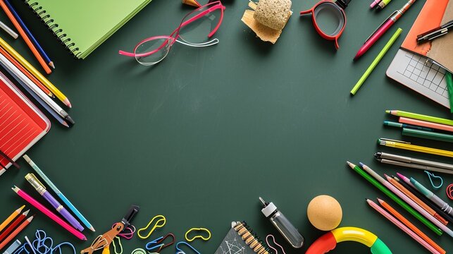 Sturdy school supply border frame set against a green backdrop. 