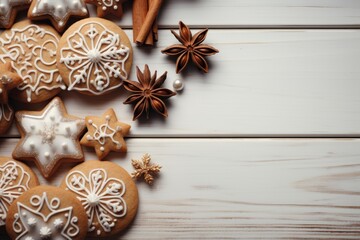 Fototapeta premium Christmas frame with gingerbread, fir tree, pine cones, toys on white wooden background