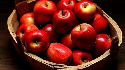 Organic freshly picked red apples in wooden basket display at local farmers market - obrazy, fototapety, plakaty
