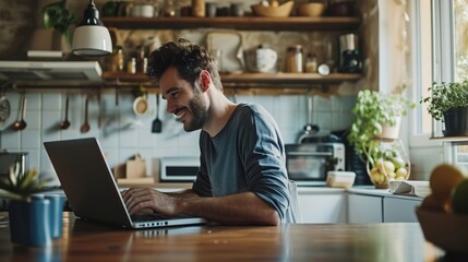 A man focused on his laptop in the kitchen. - obrazy, fototapety, plakaty