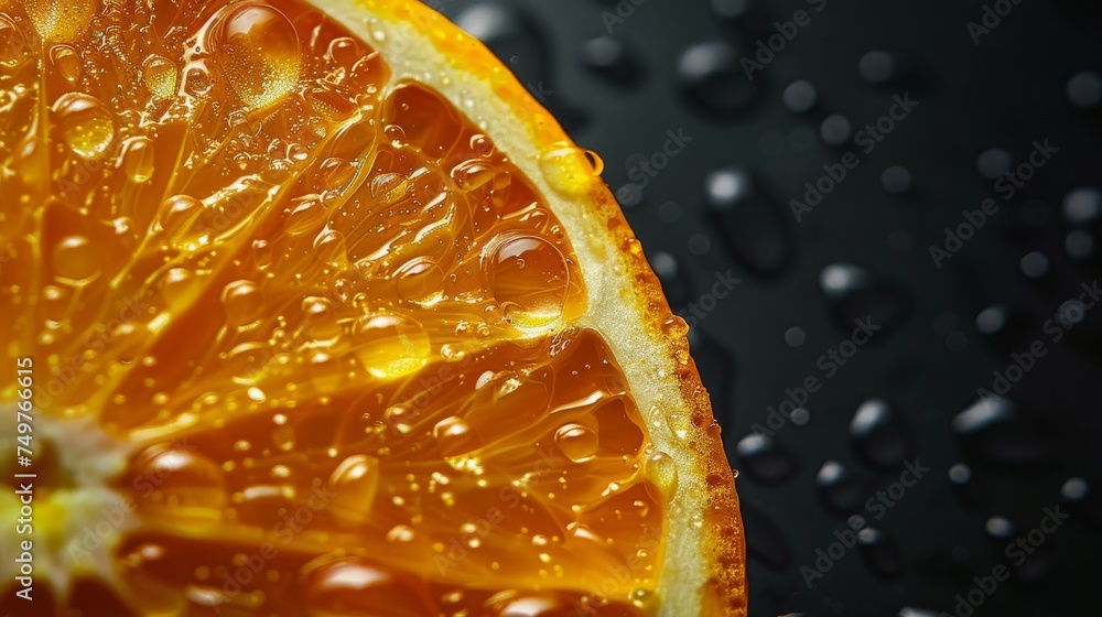 Poster a macro shot capturing the vibrant texture and water drops on a fresh orange slice against a dark ba