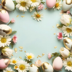 Frame for Easter festival. Pastel Easter eggs with golden patterns and spring flowers on a pastel plain blue background with blank space for text at the center of the image.