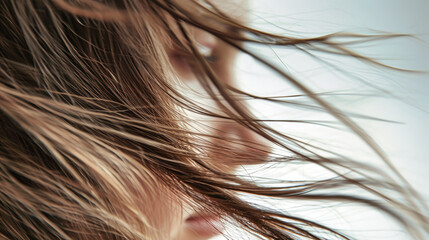 Fototapeta premium A womans head with long hair blowing in the wind, showcasing hair care and style