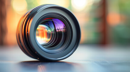 Close-up front view of wide-angle camera lens on dark background. The eyes of the photographer. Camera Lens With Reflections. A Macro photo of The diaphragm of a camera lens aperture. Modern Wide. - obrazy, fototapety, plakaty