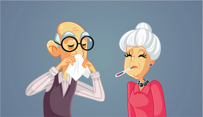Sick Grandparents Suffering from a Cold Together Vector Illustration. Elderly couple of senior age feeling ill from influenza 
