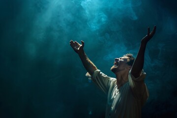A Christian man praying to God crying and emotional with his arms raised