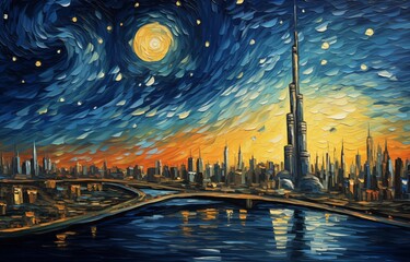 A view of Dubai with the Burj Khalifa in the style of Vincent Van Gogh.