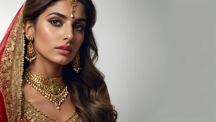 Beautiful Indian bride wearing gold diamond ornaments jewelry. Jewelers. commercial photo, glamorous portrait, Generative AI
 - obrazy, fototapety, plakaty
