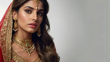 Foto op Plexiglas Beautiful Indian bride wearing gold diamond ornaments jewelry. Jewelers. commercial photo, glamorous portrait, Generative AI  © Shantanu