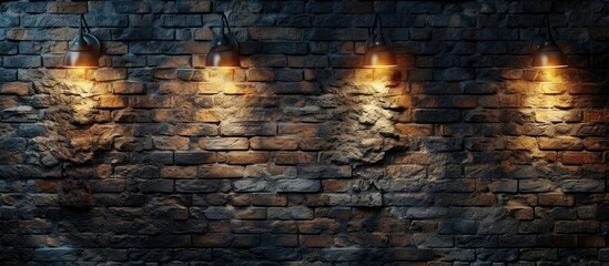 A brick wall displaying four lights mounted on the surface, illuminating the textured background...