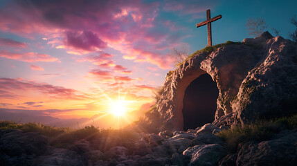 Cross on the top of a Christian religious tomb in the sunrise the symbol of he is risen. easter empty tomb with cross on the top. - obrazy, fototapety, plakaty
