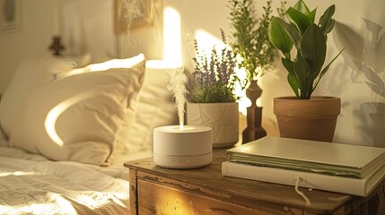 Serene Bedroom Corner with Aromatherapy Diffuser and Potted Plants on a Wooden Nightstand