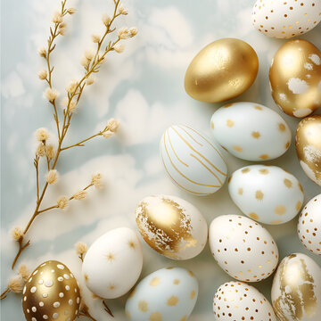Frame for Easter festival. Pastel colorful and gold Easter eggs with cute golden patterns and small spring flowers on a marble background with blank space for text at the left side of the image.
