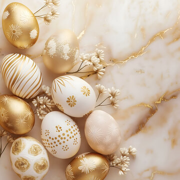 Frame for Easter festival. Gold and white Easter eggs with cute golden patterns and small spring flowers on a beige marble background with blank space for text at the right side of the image.