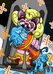 
line art image of a character holding a bottle with spilled water