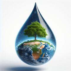 Fototapeta premium Single water drop and vivid representation of earth tree inside it, isolated on a white background, hyper-detailed scenes, World Water Day