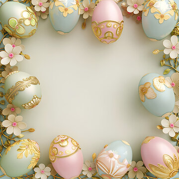 Frame for Easter festival. Pastel colorful Easter eggs with cute golden patterns and spring flowers on a pastel plain beige background with blank space for text at the center of the image.