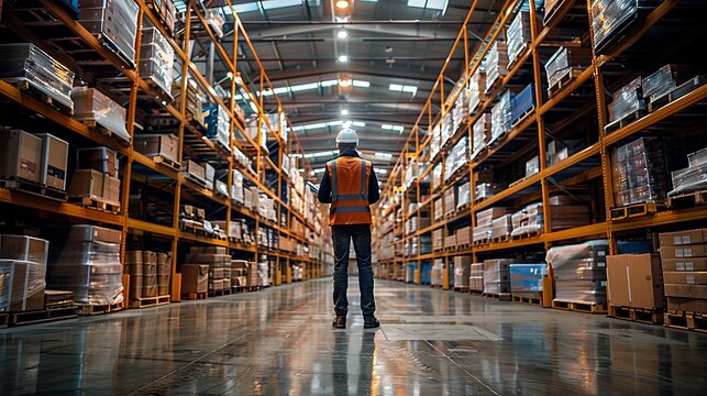 Male Worker Checking Warehouse Inventory with Tablet