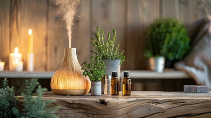 Warm Aromatherapy Ambiance with Wooden Diffuser and Essential Oils - obrazy, fototapety, plakaty