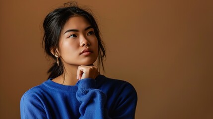 An Asian lady looks thoughtful and keeps her hand on her chin on a brown background. 