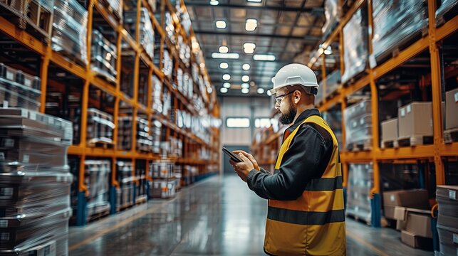 Male Worker Checking Warehouse Inventory with Tablet