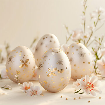 Pastel beige Easter eggs with cute golden patterns and on a little spring flowers and pastel beige background with blank space for text at the upper part of the image.