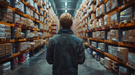 Male Worker Checking Warehouse Inventory with Tablet - obrazy, fototapety, plakaty
