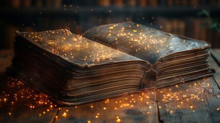 Old Book With Magic Lights On Vintage Table