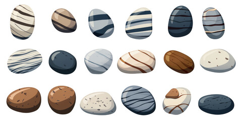 flat art collection of beach stones isolated on a white background as transparent PNG