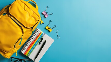 A yellow backpack containing educational materials on blue background.