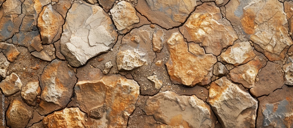 Poster a stone wall featuring a color scheme of brown and white, showcasing a captivating display of textur
