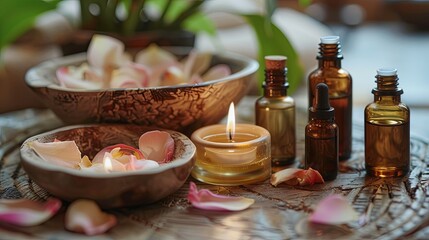 Intimate Aromatherapy Session with Candles, Oil Bottles, and Rose Petals in Wooden Bowls