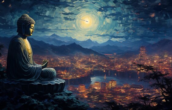 View of Tokyo with a Buddha statue in the style of Vincent Van Gogh