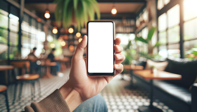 Close-up of a hand holding a smartphone with a blank screen, set against a blurred cafe background with warm lighting.