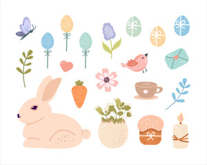 Cute set happy Easter design elements in pastel colors. Rabbit, egg, flowers, butterfly and other spring elements. For  poster, covers, label, template, pattern, holiday decoration.