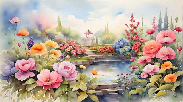Beautiful spring landscape with colorful flowers garden in nice place. Horizontal oil painting, water color style.