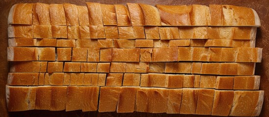 A close-up top view of sliced whole wheat bread arranged neatly on a wooden cutting board. - Powered by Adobe