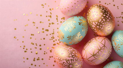Fototapeta na wymiar Vivid colorful Easter eggs with cute golden patterns and golden glitters on a plain pink background with blank space for text at the left side of the image.