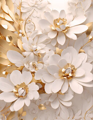 3d Golden White Floral Wallpaper Background.  Ai generate