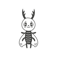 Cute stag beetle doodle illustration. Hand drawn vector insect character. Cartoon bug mascot. Isolated outline animal on white background for kids